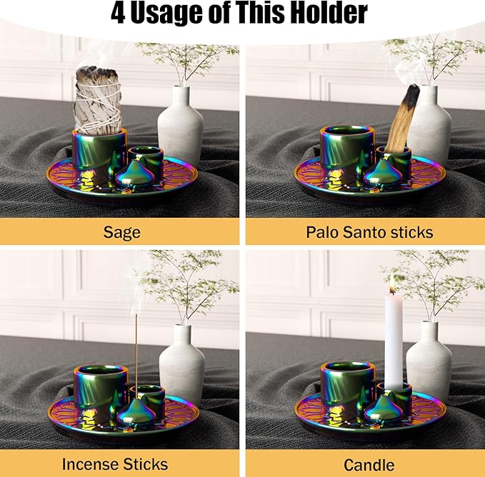 Palo Santo Holder - 4 in 1 Incense & Candle Holder - Ceramic Incense Holder Ash Catcher Tray for Meditation Room - Easy to Clean