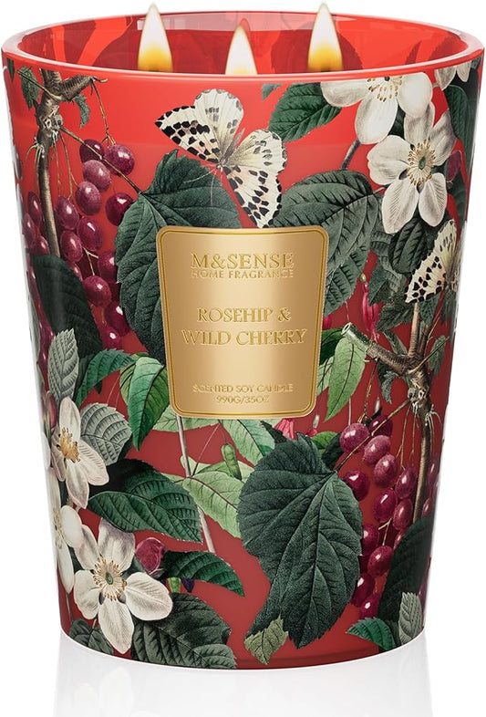 M&SENSE Wild Cherry Scented Candle 3 Wick, 35oz 150H Long Lasting, Soy Candles Fall Winter Stress Relief Romantic Festival Thanksgiving Christmas Gifts for Women Home Decor - Bloomnest