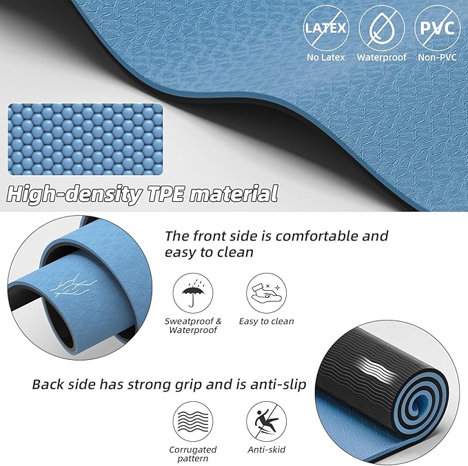 Large Yoga Mat 75"x 40"x10mm (2/5 inch) – Extra Thick & Wide, TPE Fitness Mat, Printed Non-Slip Exercise Mat with Carrying Strap for Men & Women, Pilates, Stretching, Fitness & Workout - Bloomnest