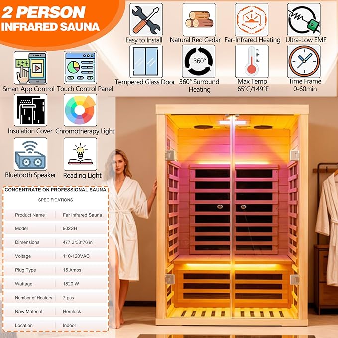 Smart App Control 2 Person Ultra Low EMF (＜5mG) Far Infrared Sauna for Home,1780W Hemlock Indoor Sauna Spa with Touch Panel, Insulation Cover, Bluetooth Speaker, Chromatherapy Light, Reading Light KUNSANA