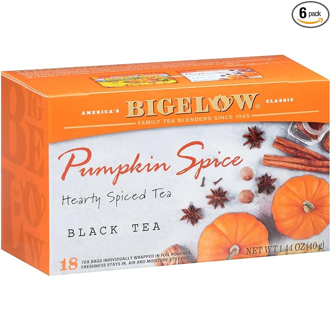 Bigelow Tea Pumpkin Spice Black Tea, Caffeinated Tea with Pumpkin Pie Flavor, Holiday and Christmas Tea, 18 Count Box (Pack of 6), 108 Tea Bags Total - Bloomnest