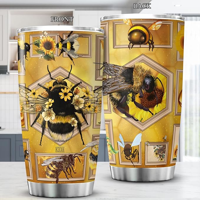 Bee Tumbler With Lid 20oz Stainless Steel Travel Cups Insect Animal Print Christmas Birthday Present For Girls Yellow Bee Themed Items Insulated Double Walled Coffee Mugs - Bloomnest
