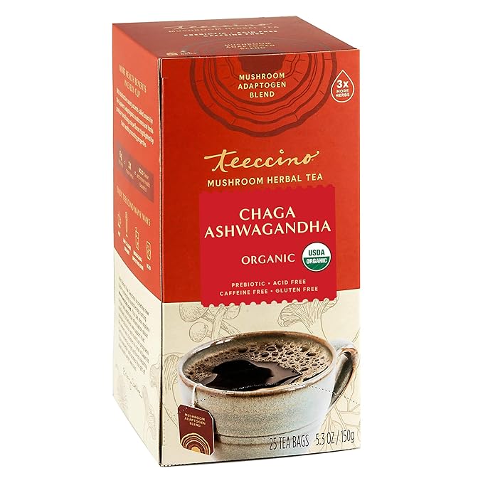 Teeccino Chaga Ashwagandha Tea - Butterscotch Cream - 25 Tea Bags - Organic Mushroom Adaptogenic Herbal Tea, 3x More Herbs than Regular Tea Bags, Prebiotic, Caffeine Free, Gluten Free - Bloomnest