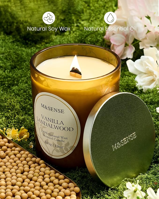 M&SENSE Vanilla Sandalwood Candle, Cracking Wooden Wick Soy Wax, 18oz 100 Hours Long Lasting Clean Burn, Large Jar Candles for Home Scented, Non-Toxic Relaxing Aromatherapy Gifts for Women - Bloomnest