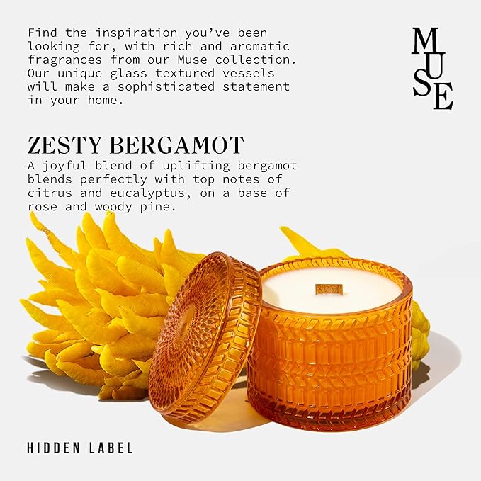 Hidden Label Zesty Bergamot Scented Candles for Home Scented, Candle Gifts for Women,Crackling Wood Wick Soy Candles, 7.4oz Glass Decorative Jar - Bloomnest