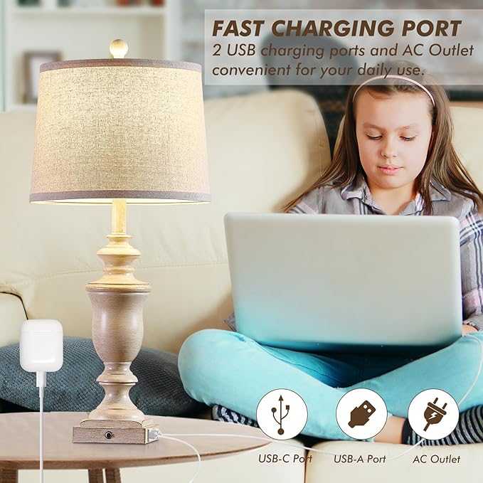 27.5" Set of 2 Farmhouse Table Lamps for Bedroom, 3 Way Dimmable Bedside Lamp with 2 USB +AC Outlet Nightstand Lamps for Living Room Resin Rustic Touch Lamps (Antique Beige) - Bloomnest