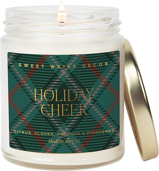 Sweet Water Decor Holiday Cheer Christmas Scented Candles - Christmas Stocking Stuffers Soy Candles with Citrus Scent - Christmas Candles with 40 Hours Burn Time - 9Oz Gold Lid Clear Jar Wax Candles - Bloomnest
