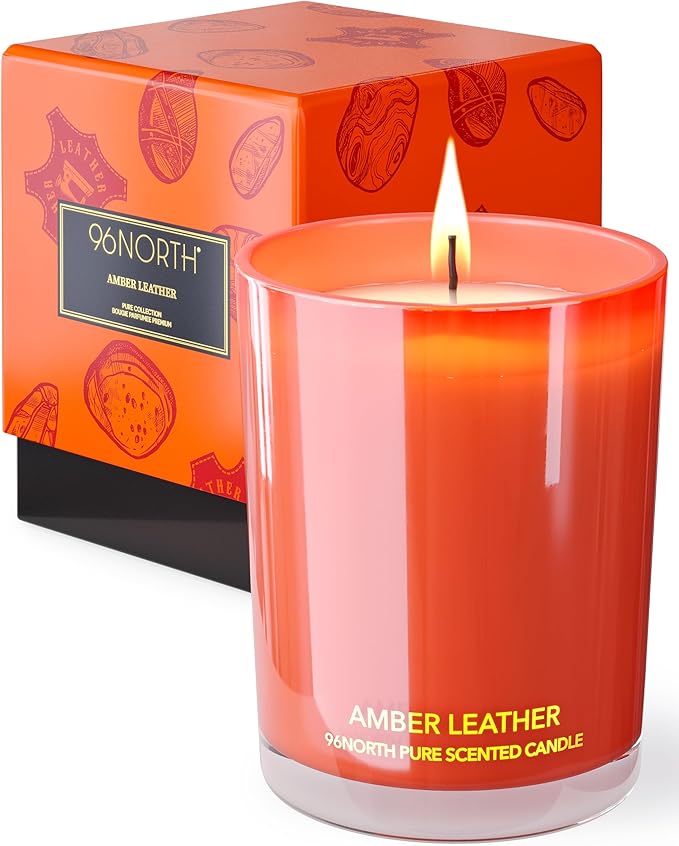 96NORTH | Pure Amber Leather Candle | 100% Natural Soy Wax | One Wick Jar Candle | Natural Fragrance Technology | Non Toxic | Up to 35 Hours Burning Time | Aromatherapy Gift for Men and Women - Bloomnest