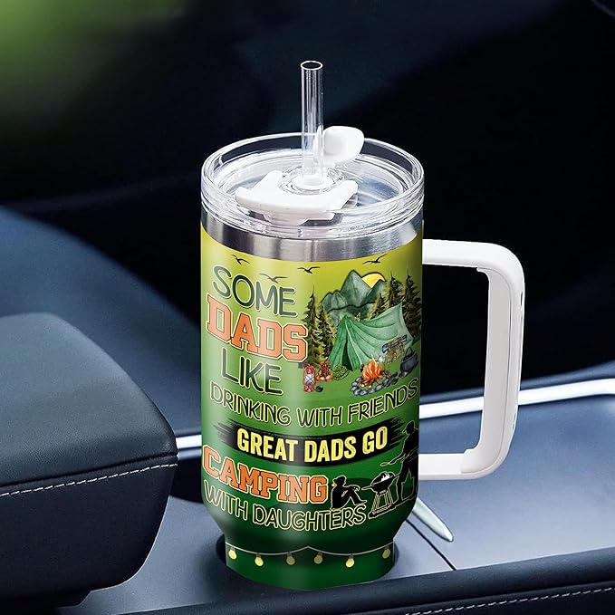 WAZONE Personalized Camping Dad Tumbler 40oz with Handle and Straw Great Dad Go Camping With Daughters Fathers Day Birthday Christmas Gifts for Fathers Grandpa from Daughter Son Kids - Bloomnest