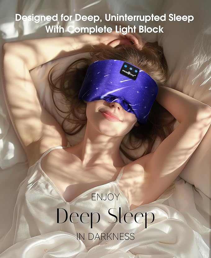 MUSICOZY Mulberry Silk Bluetooth Sleep Mask with HD Stereo Sound, Wireless Sleep Headband Headphones for Side Sleepers, Adjustable Size, Total Light Blocking, Perfect for Travel Relaxation Sleep - Bloomnest