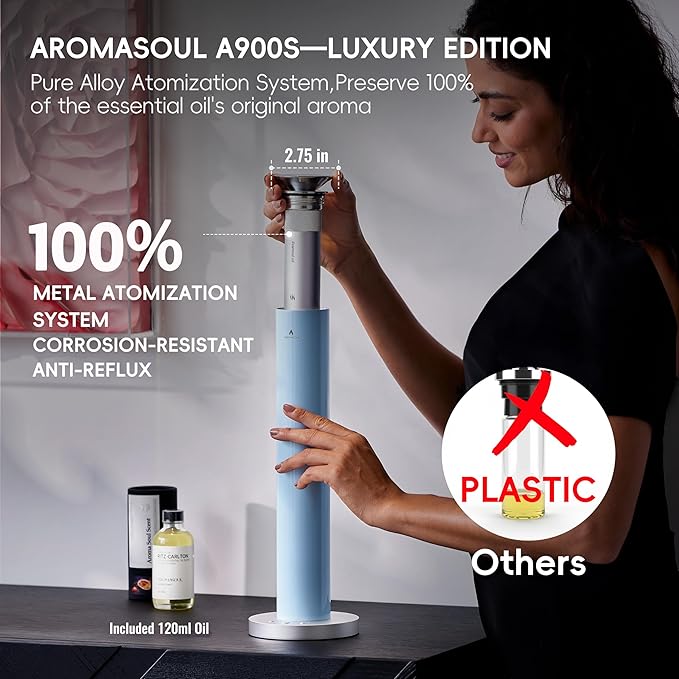 Waterless Scent Diffuser Starter Kit - Alloy Atomization System, Smart Rechargeable Hotel Scent Diffuser, 1500 Sq Ft Coverage, Including 120ml Essential Oil, for Home, Large Room, Spa, Pastel Blue - Bloomnest