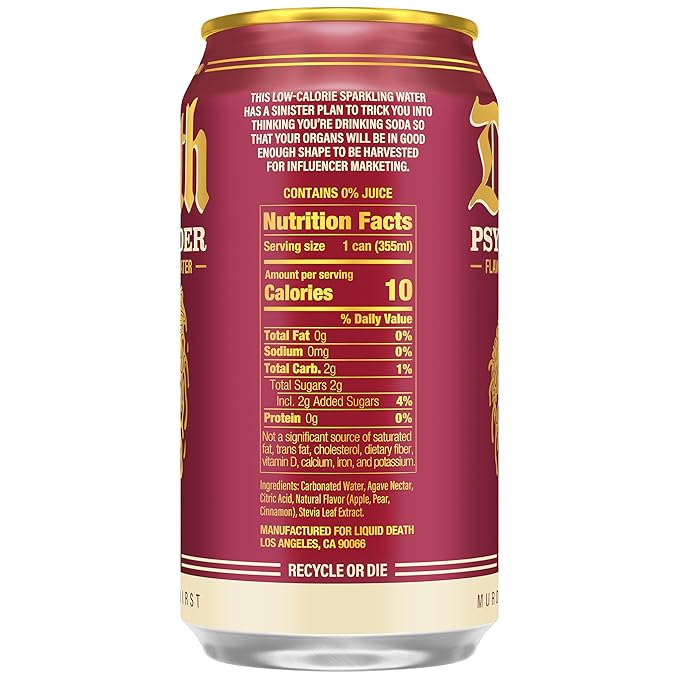 Liquid Death Soda-Flavored Sparkling Water - Psycho Cider (Apple Cinnamon), Less Sugar*, Huge Flavor, No Caffeine, No Artificial Sweeteners, 12 Fl Oz (Pack of 12) - Bloomnest