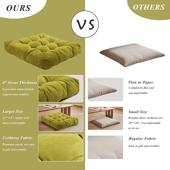 Meditation Floor Pillow 22×22 Inch 1 Pack Large Floor Cushions for Adults Square Tufted Corduroy Floor Pillows for Yoga Living Tatami Room Green - Bloomnest