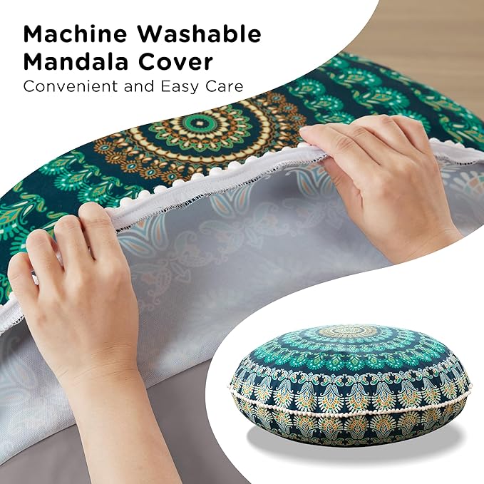 Codi Meditation Floor Pillow Set of 2, Round Large Pillows Seating for Adults, Bohemian Mandala Circle Cushions for Outdoor Fireplace Yoga Living Room, 32 Inch, Memory Foam Added, Green - Bloomnest
