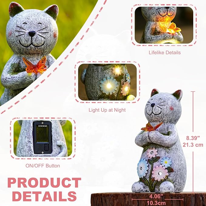 Solar Garden Statue Cat Figurine – Outdoor Decoration with Butterfly for Garden Yard Lawn Home Decor Outside : Unique Gifts for Mom Grandma - Bloomnest