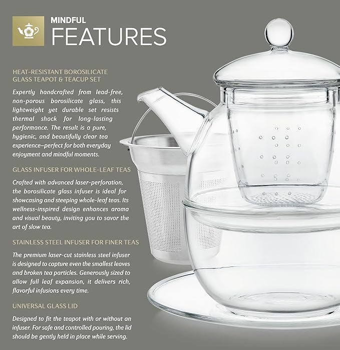 Teabloom Mindful Tea-for-One Set – 5-Piece Glass Teapot, Matching Cup & Saucer, Borosilicate & Stainless Steel Infusers, Elegant Gift for Personal Tea Rituals - Bloomnest