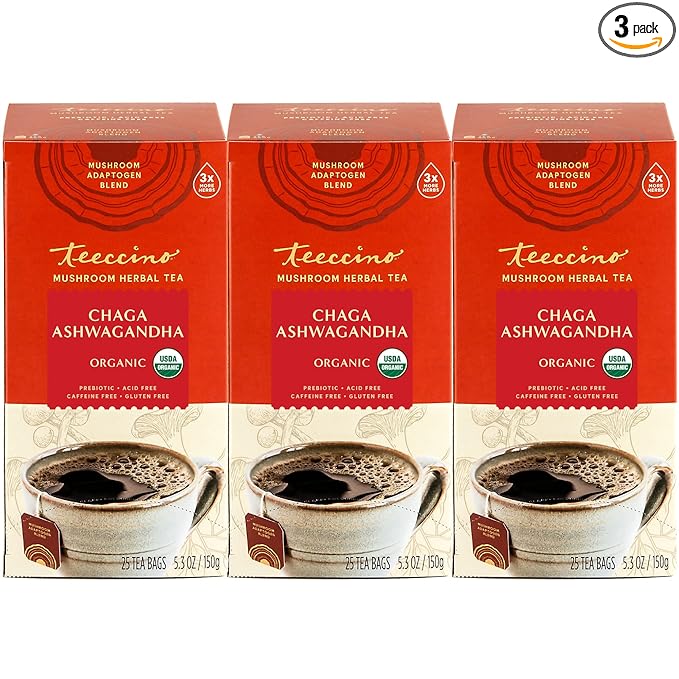 Teeccino Chaga Ashwagandha Tea - Butterscotch Cream - Organic Mushroom Adaptogenic Herbal Tea, 3x More Herbs than Regular Tea Bags, Prebiotic, Caffeine Free, Gluten Free - 25 Tea Bags (Pack of 3) - Bloomnest