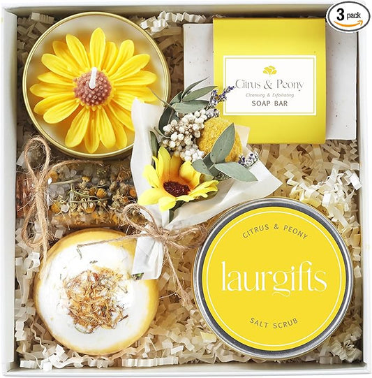 Birthday Gifts for Women – Yellow Sunshine Spa Gift Box, Luxury Bath & Self Care Care Package with Citrus & Amber Scent for Mom, Sister or Friend