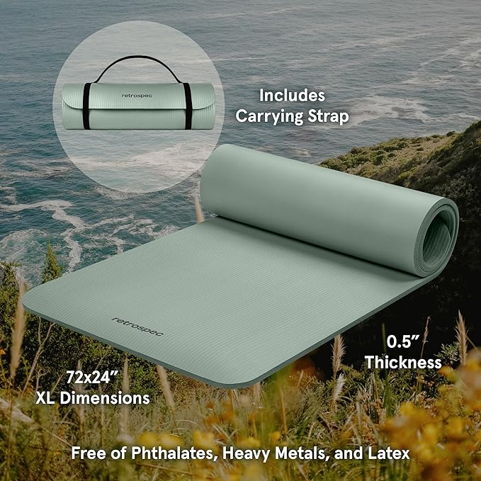 Retrospec Solana Yoga Mat 1/2" Thick w/Nylon Strap for Men & Women - Non Slip Exercise Mat for Yoga, Pilates, Stretching, Floor & Fitness Workouts - Bloomnest