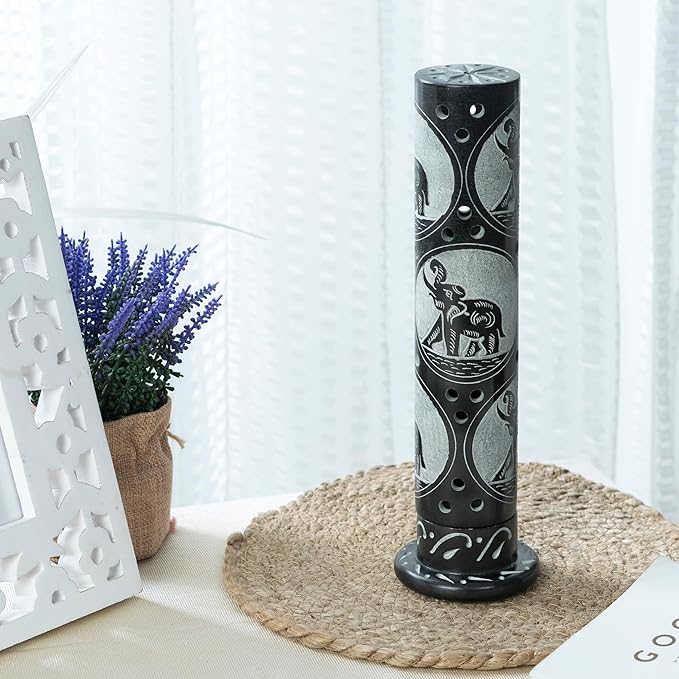 Crocon Handmade Black Marble Incense Stick Tower Burner Round Shape Jali Design Incense Tower Burner | Tea Light Candle Holder | Living Room Decor Home Fragrance Decorative Gift Size 3X3X10 Inch - Bloomnest