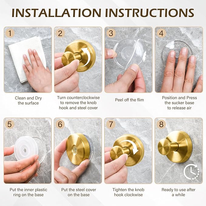 Shower Suction Cup Hooks, Heavy Duty Bathroom Wall Hooks for Towels, Robes, Loofahs, Removable Metal Hook for Tile Glass Mirror, No Drill(4 Pack, Gold) - Bloomnest