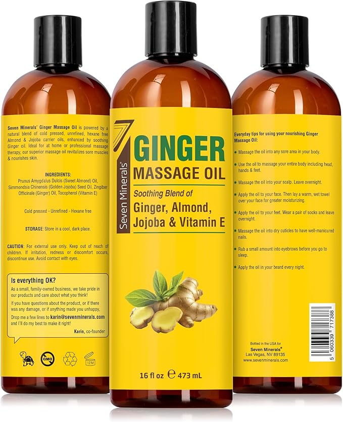 Seven Minerals Ginger Massage Oil for Lymphatic Drainage Massage Therapy - Big 16 oz - Warming and Ultra Relaxing - Therapeutic Grade Essential Oils Soothes Tired Muscles & Relaxes Mind and Body