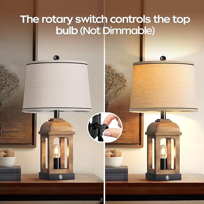 QiMH Table Lamp for Living Room, Farmhouse Lamps Set of 2 with USB A+C and Nightlight, 26" Rustic Bedside Lamps with 3-Way Dimmable Touch Control, Nightstand Lamp for Bedroom Decor, Wood Grain - Bloomnest