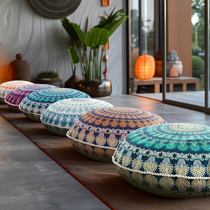 Codi Meditation Floor Pillow, Round Large Pillows Seating for Adults, Bohemian Mandala Circle Cushion for Outdoor Fireplace Yoga Living Room, 32 Inch, Memory Foam Added, Aqua