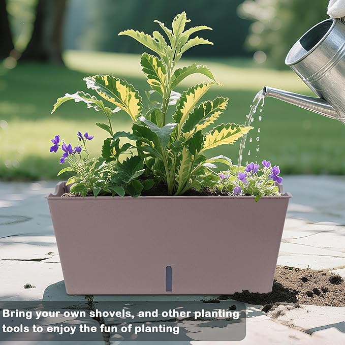 Window Box Planter 6 Pcs, 16.5 Inches Self Watering Rectangle Flower Plant Pots with Drainage Holes Trays, Vegetable Planters for Windowsill Patio Garden Balcony Porch Yard (Khaki) - Bloomnest