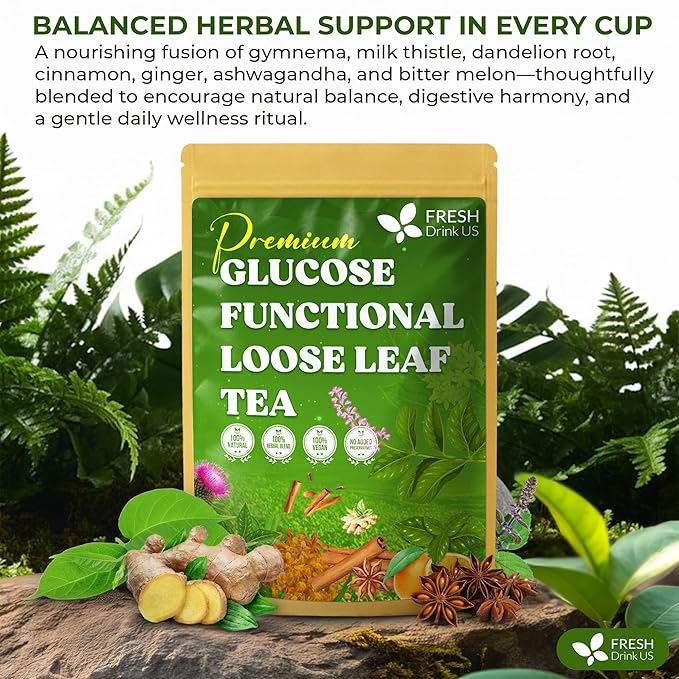 FreshDrinkUS, Glucose Functional Loose Leaf Tea | 4oz | Herbal Blend of Gymnema, Milk Thistle, Dandelion Root, Cinnamon & Ashwagandha – Naturally Caffeine-Free, Premium Quality, Balanced Flavor. Vegan - Bloomnest