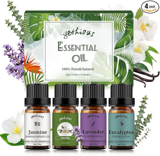 yethious 4 Pack Lavender Jasmine Vanilla Eucalyptus Essential Oil Set Vanilla Essential Oil for Diffuser, Soap/Candles Making Jasmine Essential Oil - Lavender, Jasmine, Vanilla, Eucalyptus - Bloomnest