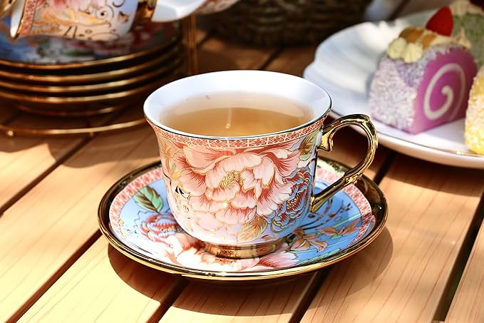 20 Pieces Porcelain Tea Set With Metal Holder, European Ceramic tea set for adults,Flower Tea Set,Tea Set For Women With Flower Painting(Large version, Light Blue)) - Bloomnest