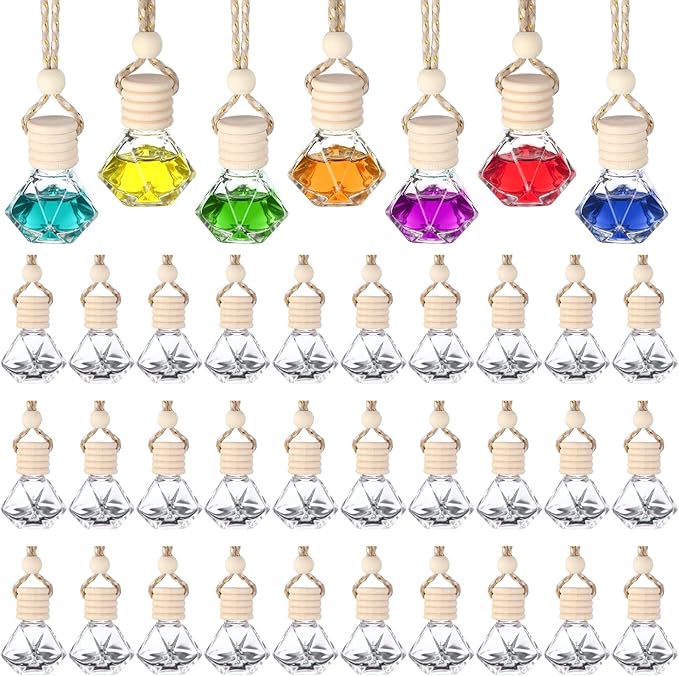 60 Pcs Hanging Car Air Freshener Car Diffuser Bottle Empty Glass Perfume Bottles Air Freshener Diffuser Bottle Pendant for Essential Oils Fragrance Aromatherapy Ornament Decor (Classic Style) - Bloomnest