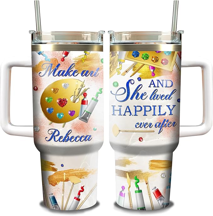 WAZONE Personalized Make Art And She Lived Happily Ever After Stainless Steel Tumbler 40oz with Handle and Straw Insulated Gifts Cool For Girl Painting Lover Painters Artists Teachers - Bloomnest