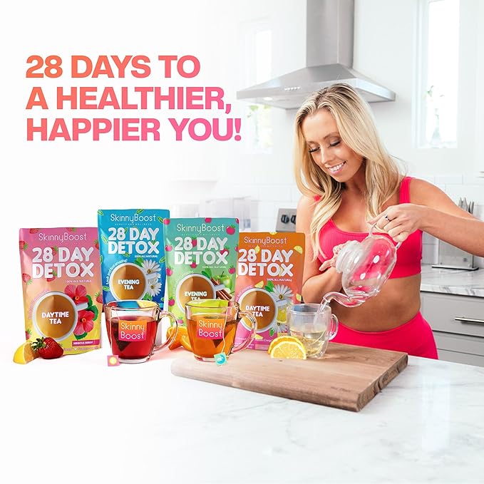 Skinny Boost Detox Tea Kit- 2 PACK –1 Daytime (28 Bags) + 1 Evening -(14 Bags) – Herbal Detox for Weight, Metabolism, Energy, Bloating & Colon Cleanse – Green Tea, Vegan, Keto, Non-GMO, Sugar-Free - Bloomnest