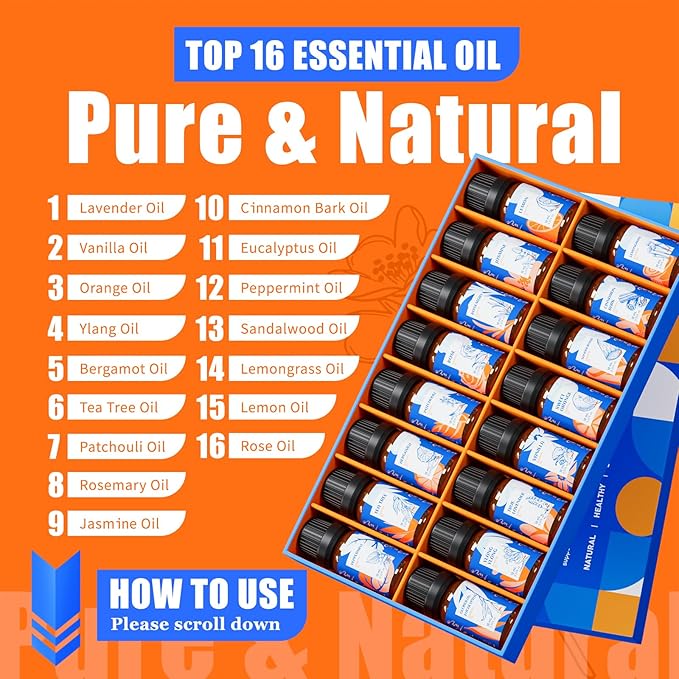 HIQILI Essential Oils Set,Top 16 Organic Aromatherapy Oils for Diffusers for Home,Plant Therapy,Candle Making,Laundry Fragrance,Humidifiers,Skin Care - Bloomnest