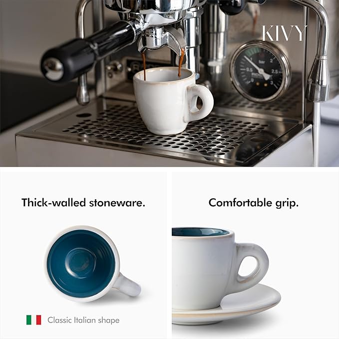 KIVY 3 oz Espresso cups set of 4 - Thick walled stoneware espresso cup set - Italian style espresso cups and saucers - Expresso shots cup - Small coffee mugs and saucers - Blue - Bloomnest