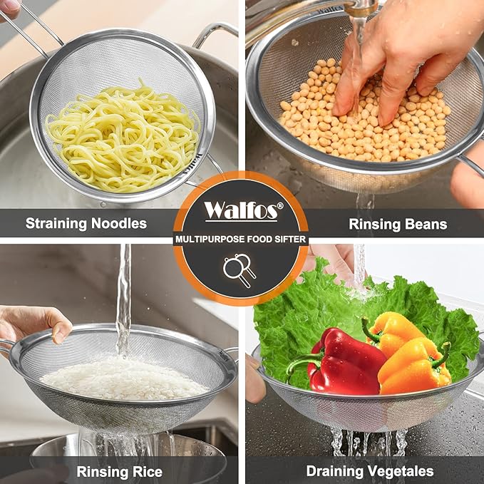 Walfos 7.8 Inch Fine Mesh Strainer, Premium Stainless Steel Colanders and Sifters, with Reinforced Frame and Sturdy Handle, Perfect for Sift, Strain, Drain and Rinse Vegetables, Pastas and Tea - Bloomnest