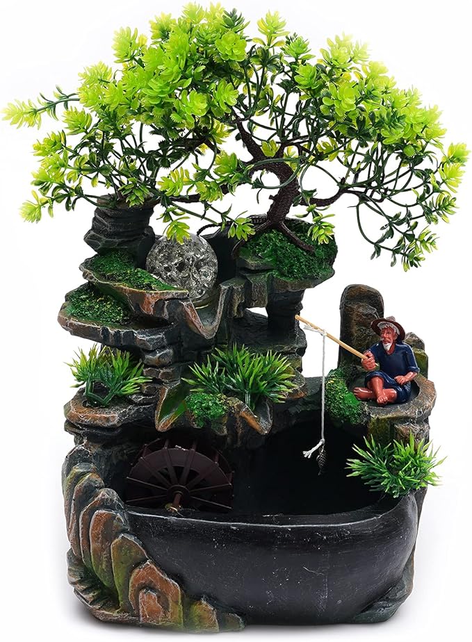 Tabletop Fountains Decorations Indoor Relaxation Desktop Fountain Waterfall,Indoor Waterfall Feature with Colour Changing LED Lighting,Old Man,Waterfall for Home Office Bedroom Desk Ornaments