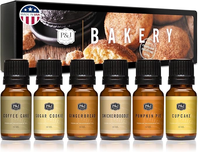 P&J Trading Bakery Set of 6 Fragrance Oils - Pumpkin Pie, Cupcake, Sugar Cookies, Coffee Cake, Snickerdoodle, Gingerbread Candle Scents, Soap Making, Diffuser Oils PJTrading