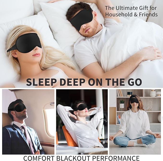 3D Sleep Mask for Men Women 2 Pack, Blackout Eye Mask for Sleeping Eye Mask for Side Sleeper, Memory Foam Adjustable&Washable, Airplane Travel Essentials Couples Yoga Meditation Office Black-Ice Silk - Bloomnest