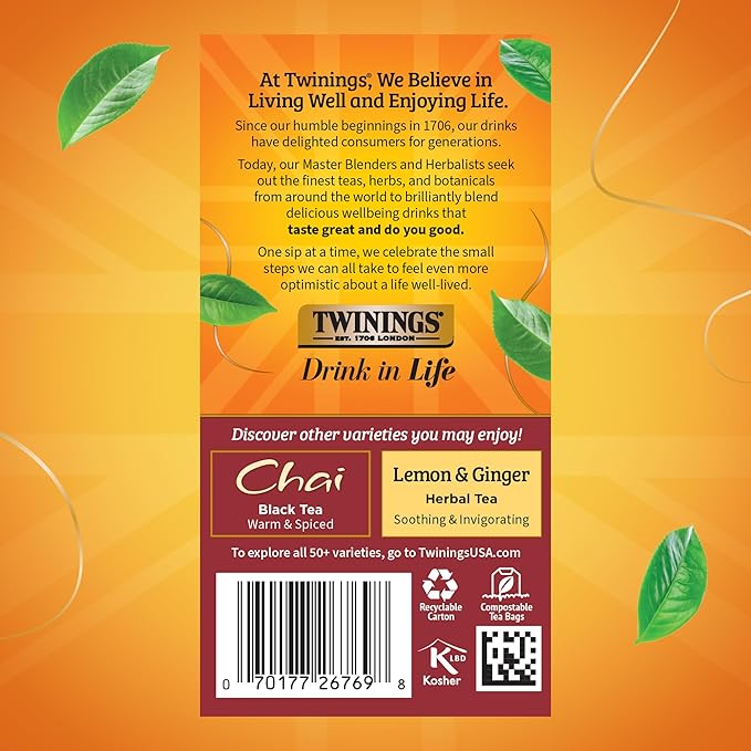 Twinings Pumpkin Spice Chai Black Tea Individually Wrapped Bags, 20 Count (Pack of 6), Warm, Spicy & Aromatic, Caffeinated, Enjoy Hot or Iced, 120 Teabags - Bloomnest