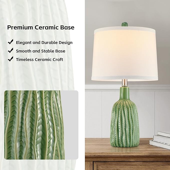 GRUENLICH Ceramic Table Lamp Set of 2 for Nightstand, 22.5" Modern Green Bedside Lamp with 3 Adjustable Color Temperature, Bedroom Lamp for Living Room Desk End Table Office (2 LED Bulbs Included) - Bloomnest