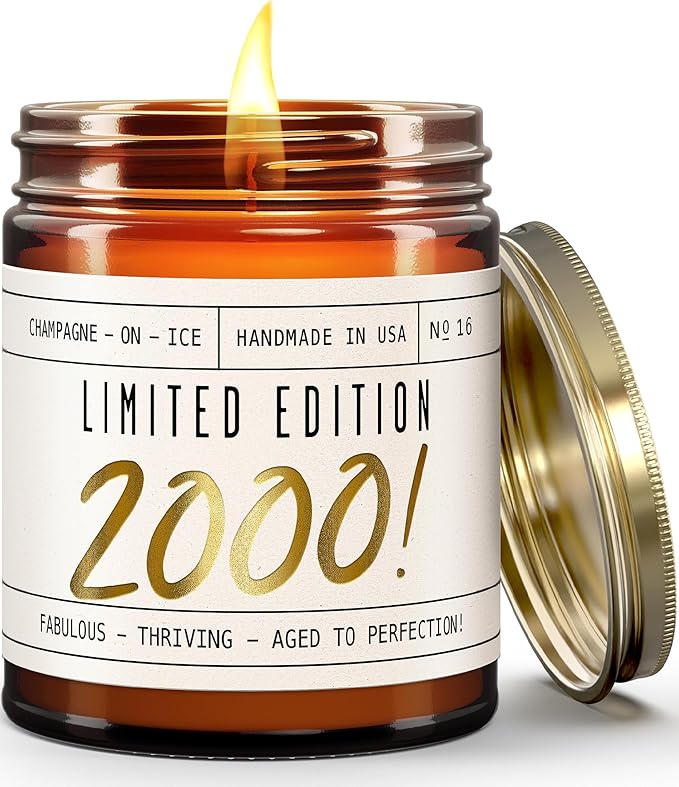 25th Birthday Gifts for Women - 'Limited Edition 2000' Soy Candle, w/Champagne on Ice I 25 Birthday Gifts for Women I 25th Gift for Her Ideas I 9oz Reusable Jar, 50Hr Burn, Made in USA - Bloomnest