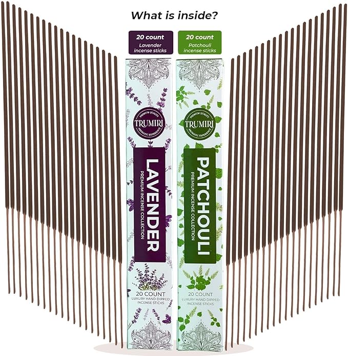 Trumiri Incense Sticks - Combo Pack of 40 Insence-Sticks - 20 Lavender + 20 Patchouli - Insenses - Insents - Incents - Inscense - Incence - Incienso - All Natural Incense Sticks TRUMIRI