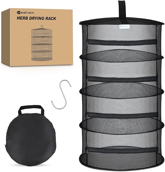 Yesker 4 Layer Herb Drying Rack Hanging Mesh Net Foldable Plant Drying Racks 18" Diameter with Black Zipper & Hook Dryer Hanging Rack for Herbs Seed Bud Fruit Clothes Grow Tent Closets Garden Outdoor - Bloomnest