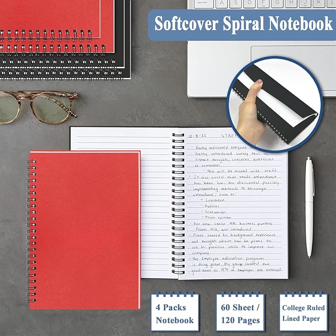 4Pack Small Spiral Notebook A5, 8.25x5.5” 120 Lined Pages Black & Red Wide Ruled Spiral Journal Bulk Blank Kraft Cover Spiral Bound Notebook & Writing Pads for Home Office Meeting Work Note Taking - Bloomnest