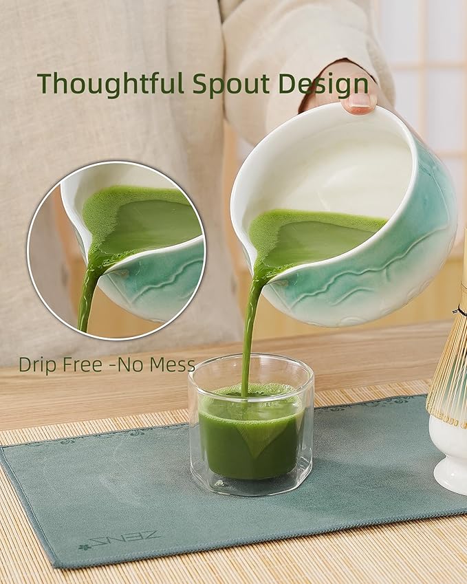 ZENS Matcha Whisk Set, 6Pcs Matcha Set Includes Ceramic Bowl, Bamboo Whisk and Chasen Holder,Scoop, 304 Stainless Sifter & Tea Mat, Matcha Kit for Tea Ceremony, Blue - Bloomnest