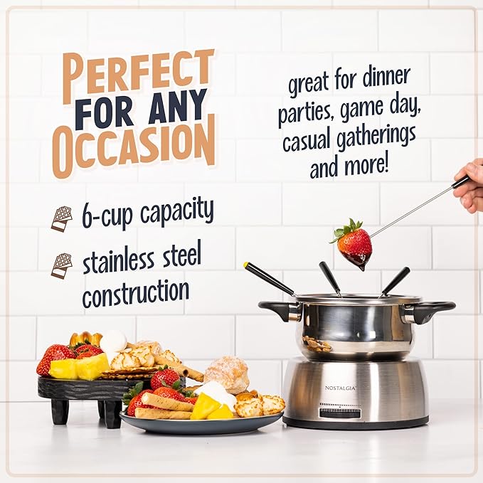 Nostalgia 6-Cup Electric Fondue Pot Set for Cheese & Chocolate - 6 Color-Coded Forks, Temperature Control - Stainless Steel Kitchen Gadgets and Appliances for Hors d'Oeuvres and More - Stainless Steel - Bloomnest