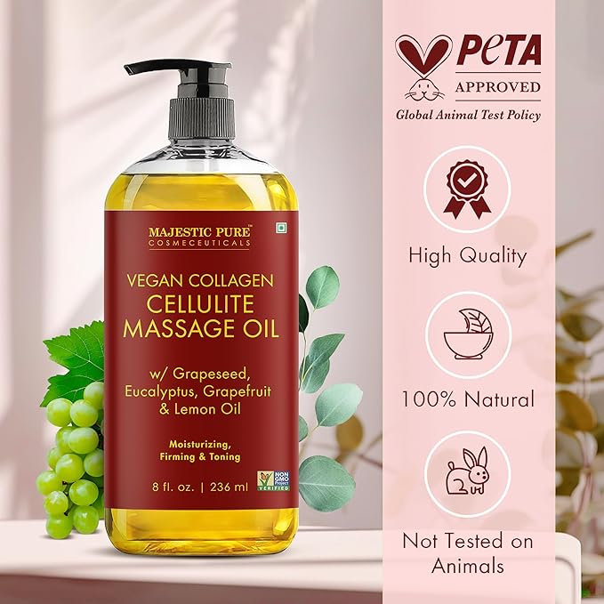 MAJESTIC PURE Massage Oil for Massage Therapy - Refreshing, and Relaxing - Natural Oils - for All Skin Types - Men and Women (8 Fl Oz, Cellulite Massage Oil with Roller) - Bloomnest